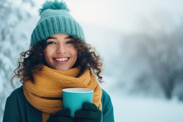 Woman in the Snow Wearing a Winter Hat and Scarf and Drinking Coffee with Space for Copy