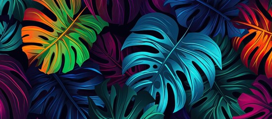 A cohesive and vibrant design depicting a tropical theme with palm leaves and monstera on a contrasting dark backdrop - obrazy, fototapety, plakaty