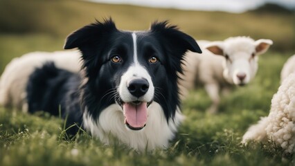 Fototapeta premium happy and smiling border collie sheepdog inside the sheeps blurred in the background 