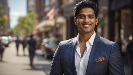 Bellissimo uomo di origini indiane sorridente e vestito con un abito elegante per l'ufficio in una...