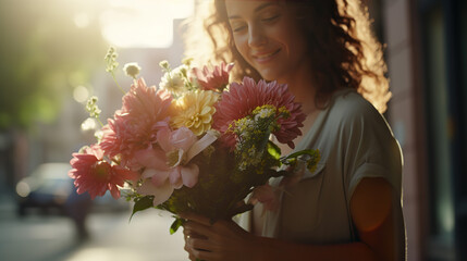 Close up of beautiful young woman holding a bouquet of flowers.