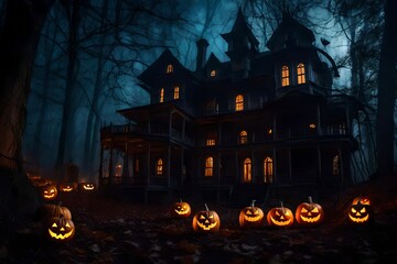 halloween background with house  generated by AI technology 