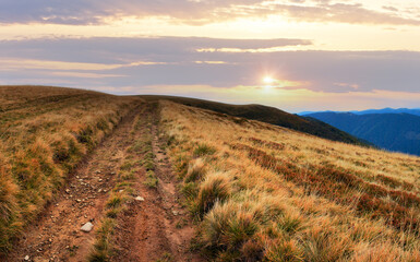 Carpathian Mountains (Ukraine) landscape with country road. Three shots composite picture.