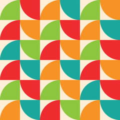 Mid century modern minimalist abstract shapes in green, orange, teal and red seamless pattern. For website backgrounds, home décor and wallpaper