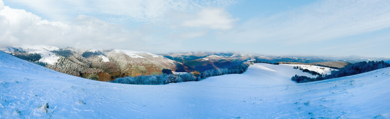 October mountain beech forest edge with first winter snow and last autumn colourful foliage on far...