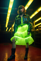 Young woman in a green dress in a dark room with neon lights