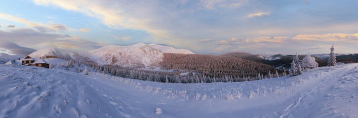 Predawn morning winter mountain panorama with snow covered trees and houses on slope (Carpathian, Ukraine).