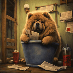 Chow chow sitzt auf der Toilette und liest Zeitung