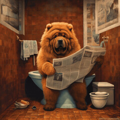 chow chow sitzt auf der Toilette und liest Zeitung, lustiges Hundebild