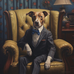 Mischlingshund sitzt auf einem Sessel mit Anzug und Krawatte