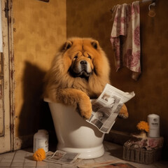 chow chow sitzt auf der Toilette und liest Zeitung, lustiges Hundebild