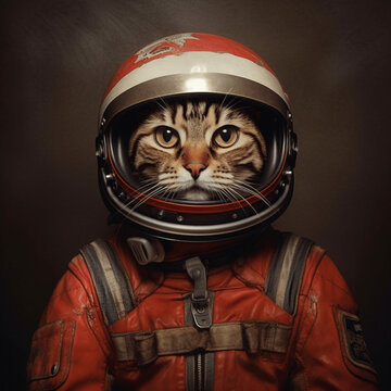 Katzen im Rennanzug und Helm, lustiges Katzenbild