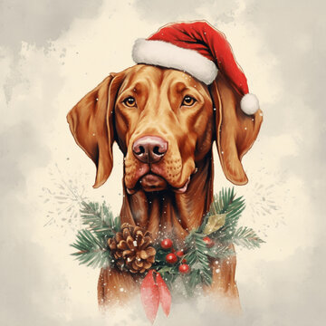 Vizsla Hunde in Weihnachtsstimmung mit M&uuml;tze, Weihnachtsbild