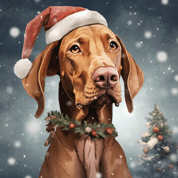 Vizsla Hunde in Weihnachtsstimmung mit M&uuml;tze, Weihnachtsbild