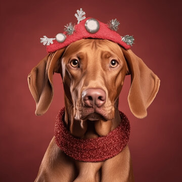 Vizsla Hunde in Weihnachtsstimmung mit M&uuml;tze, Weihnachtsbild