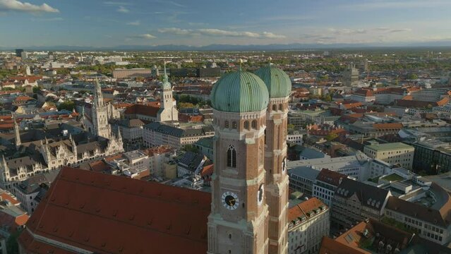 The drone aerial view of The Frauenkirche and downtown district of Munich, Germany.  Munich Frauenkirche is one of the city's most famous landmarks.