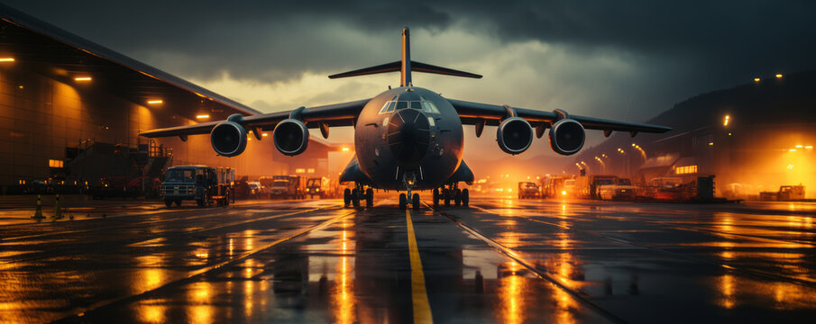 Transport Aircraft parked inside at a airport by night.