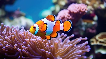 Naklejka na ściany i meble Amphiprion ocellaris clownfish and anemone in sea 