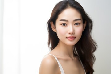 Naklejka premium Young charming woman on a light background. Natural makeup. Natural beauty.