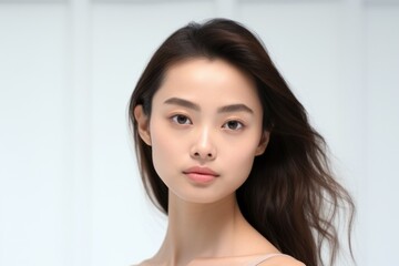 Naklejka premium Young charming woman on a light background. Natural makeup. Natural beauty.