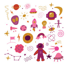 Fototapeta premium Space. Set of space icons and elements. Doodle. All objects separate. Vector illustration. Hand-drawn.