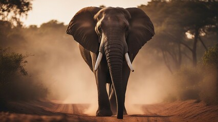 African elephant on a dusty dirt road

