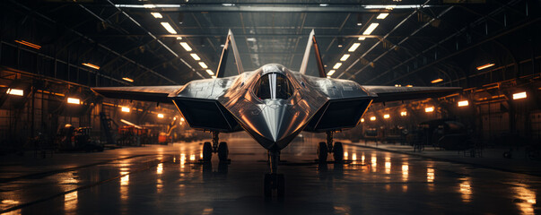 Supersonic Military Aeroplane parked inside a military hangar. - obrazy, fototapety, plakaty