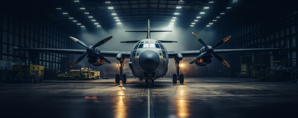 Bomber plane parked inside a military hangar. - obrazy, fototapety, plakaty