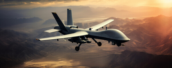 Military drone UAV flying over mountains on sunset - obrazy, fototapety, plakaty