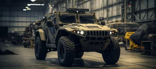 Fotobehang Military ATV parked inside a military hangar. © NorLife