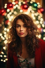 A woman with long curly hair and a christmas tree in the background. Generative AI.