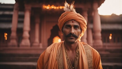 portrait of a Hindu man at sunrise in front of the temple, wearing traditional clothes
