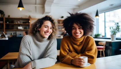 Two young friends enjoying coffee in a café