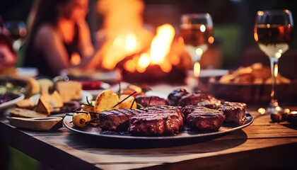 Romantic dinner among friends with steak and wine