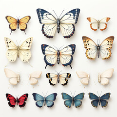 Set of butterflies white isolated.