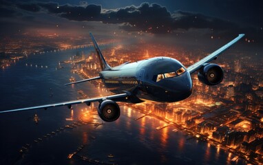 An airplane flying over a city at night