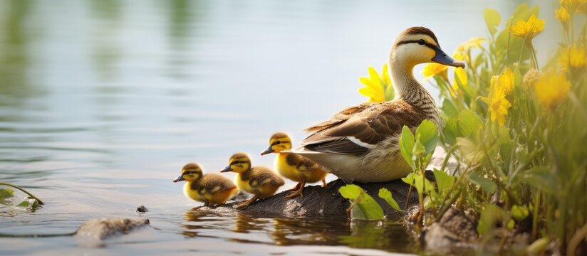 A mother duck surrounded by her ducklings stands at the edge of the shore on Yaroslavl s Damansky island