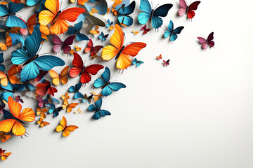 A group of colorful butterflies flying on the corner white isolated cutout. Decorative element border. - obrazy, fototapety, plakaty