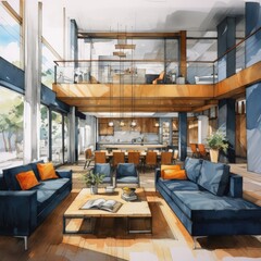 A drawing of a living room with blue couches. Generative AI.