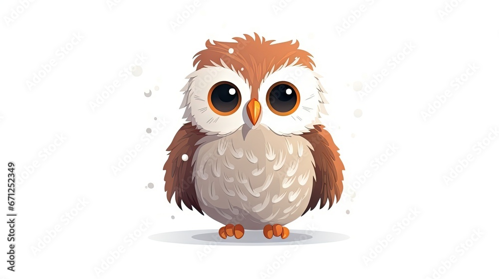 Poster a brown and white owl sitting on top of a white floor next to a white wall and a white background. g