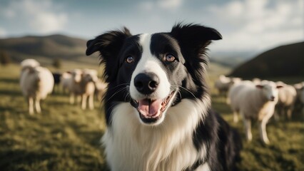 Fototapeta premium happy and smiling border collie sheepdog inside the sheeps blurred in the background 