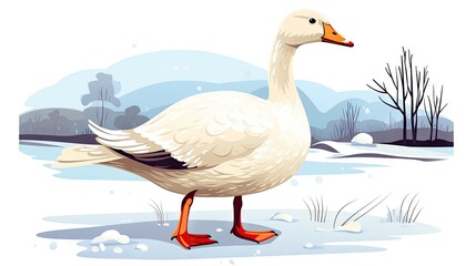  a white duck standing in the snow with a tree in the back ground and snow on the ground behind it.  generative ai