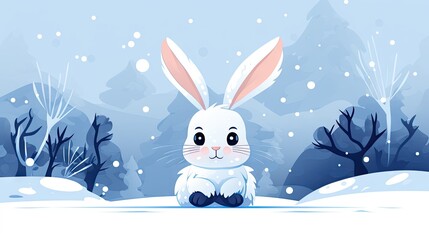 Obraz premium a white rabbit sitting in the snow with trees in the background and snow falling down on it's ears. generative ai
