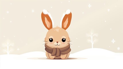  a rabbit sitting in the snow with a scarf around it's neck, with snowflakes in the background.  generative ai
