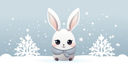  a white rabbit sitting in the snow with a scarf around its neck and a bow tie around its neck, with snowflakes in the background.  generative ai