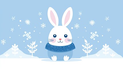 Obraz premium a white rabbit wearing a blue sweater sitting in the snow with snowflakes on the ground in the background. generative ai