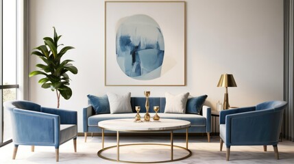 Blue sofa and armchairs on rug against window and white wall with art frame Hollywood glam style home interior design of modern