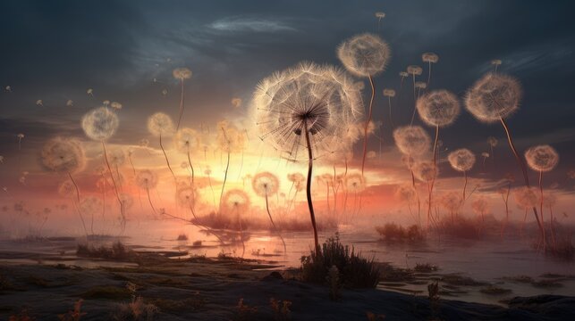  a painting of a sunset with dandelions in the foreground and a body of water in the background.  generative ai