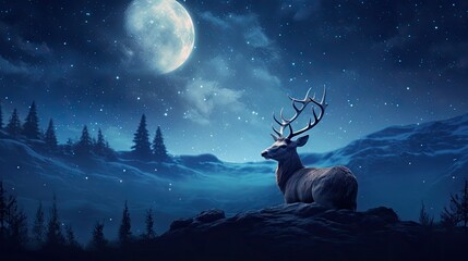 Obraz na płótnie Canvas a deer sitting on top of a hill under a night sky with stars and a full moon in the background. generative ai