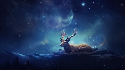 Obraz na płótnie Canvas a deer sitting on top of a hill under a night sky filled with stars and a spiral galaxy in the background. generative ai